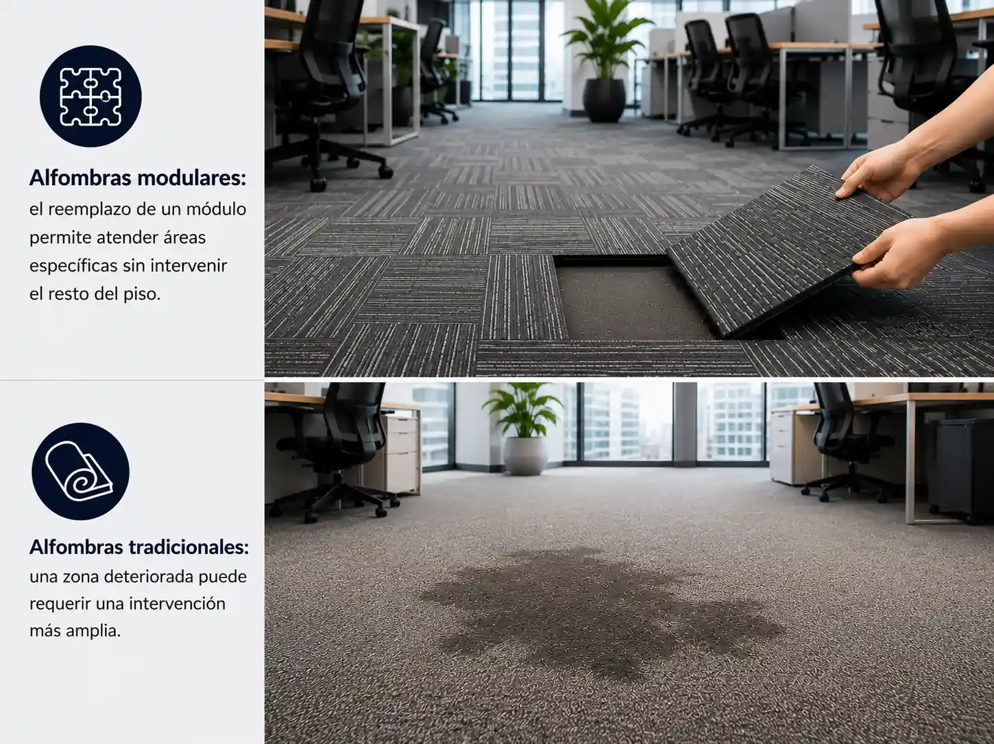 Mantenimiento y reemplazo de áreas deterioradas en alfombras modulares