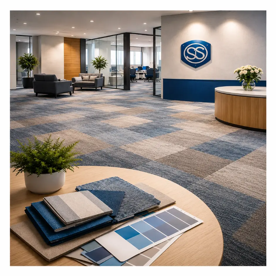 Alfombra modular instalada en un espacio corporativo
