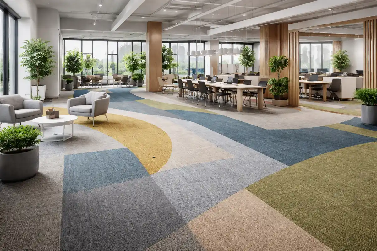 Alfombra modular en un espacio corporativo abierto
