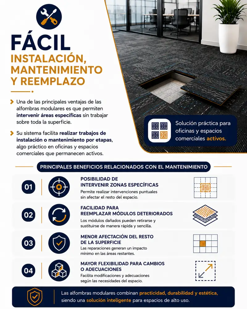Fácil instalación, mantenimiento y reemplazo de alfombras modulares