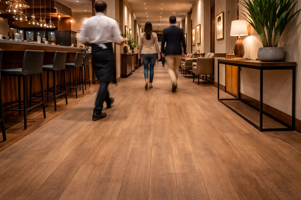 Pasillo de restaurante con piso de alto tráfico
