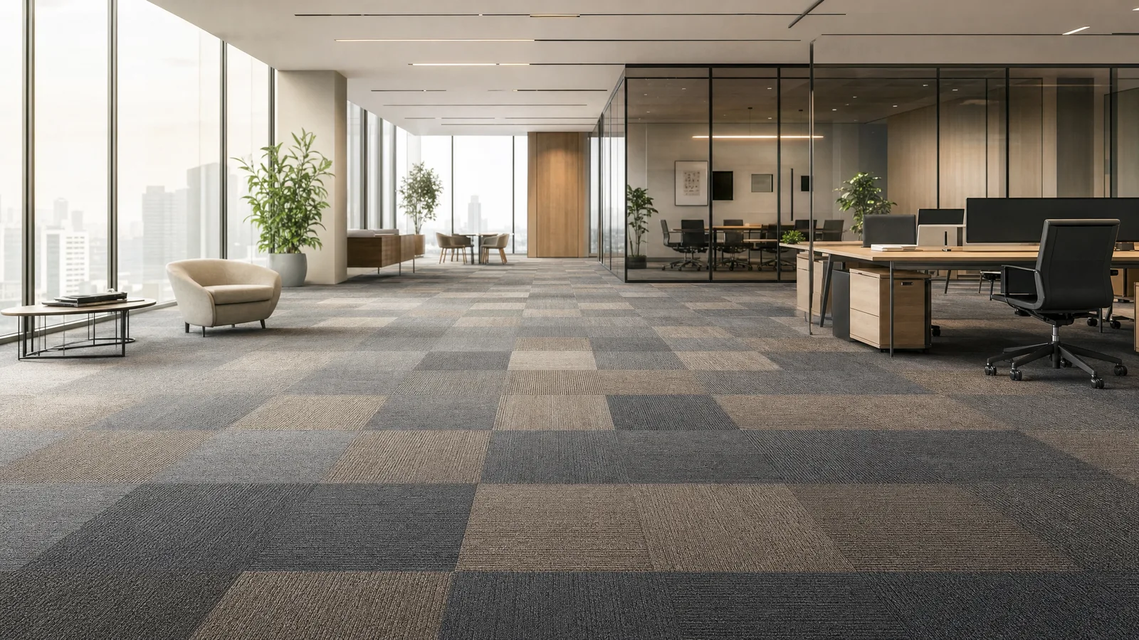 Alfombra modular en losetas gris y beige instalada en una oficina corporativa de planta abierta