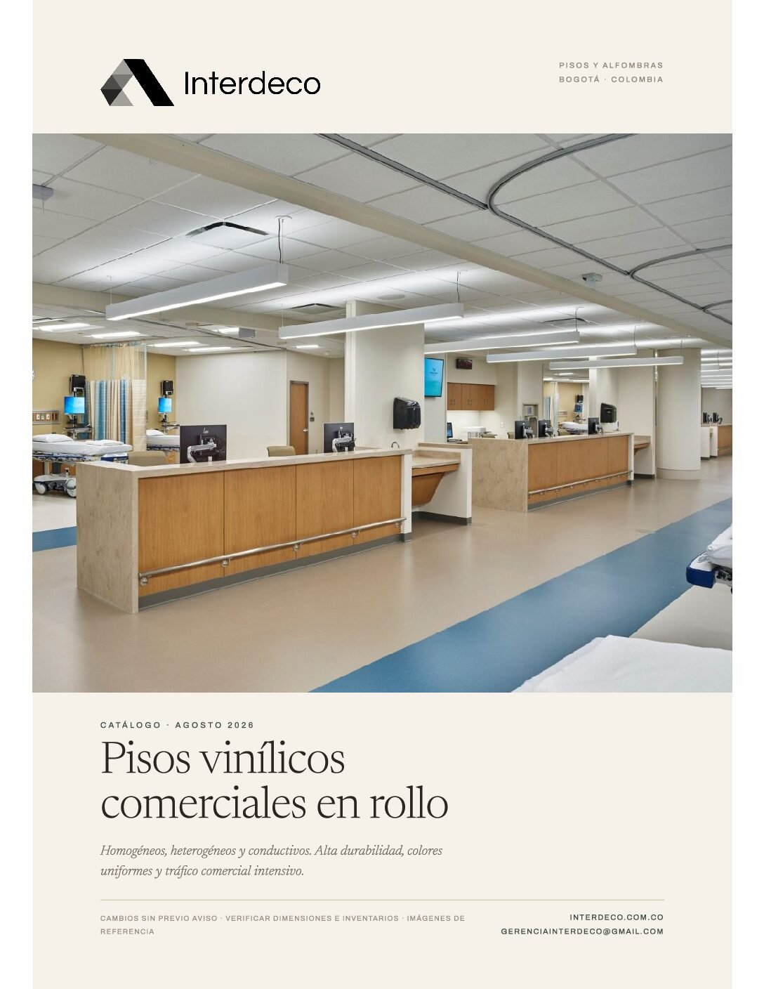 Portada del catálogo de pisos vinílicos comerciales en rollo de Interdeco, agosto 2026