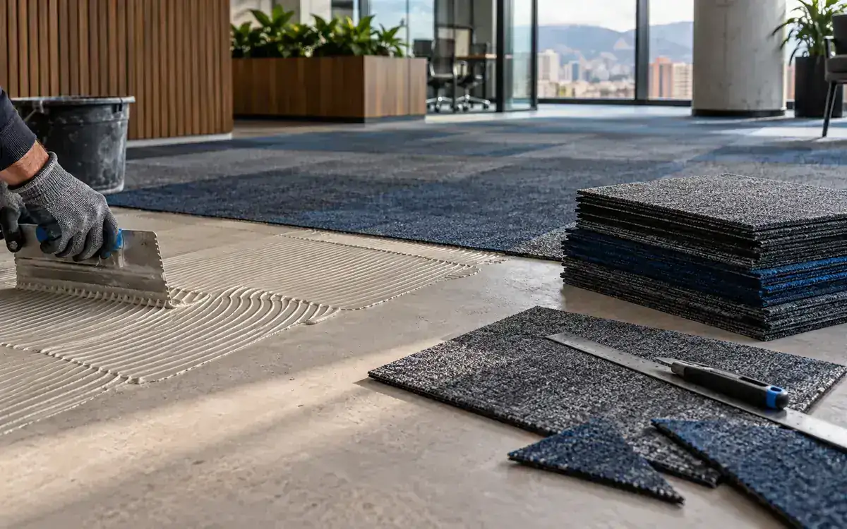 Instalación de alfombra modular con preparación del piso, adhesivo, cortes y losetas