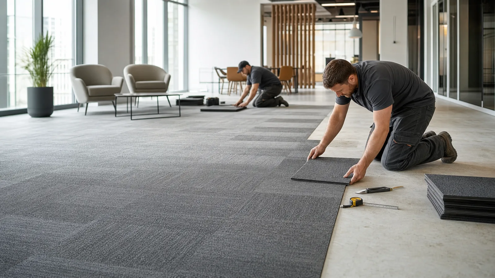 Instaladores de Interdeco colocando losetas de alfombra modular sobre el piso de una oficina