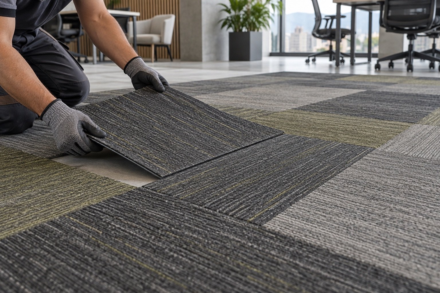 Instalación de losetas de alfombra modular en una oficina