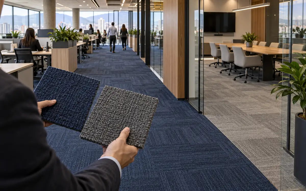Comparación de muestras de alfombra modular para zonas de oficina con diferentes niveles de uso