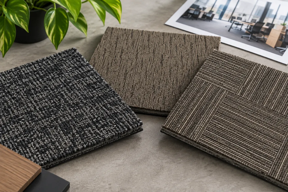 Comparación visual de fibras de nylon y olefina para alfombra modular