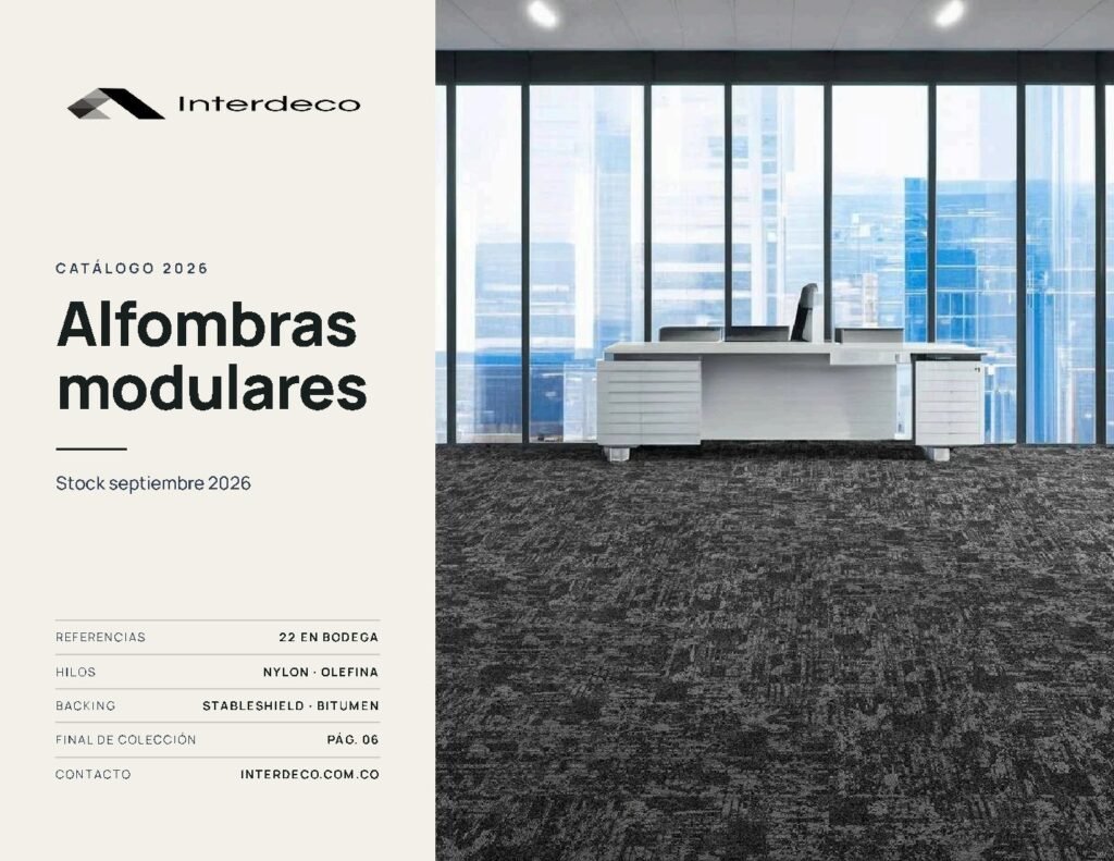 Portada del catálogo de alfombras modulares Interdeco, stock septiembre 2026