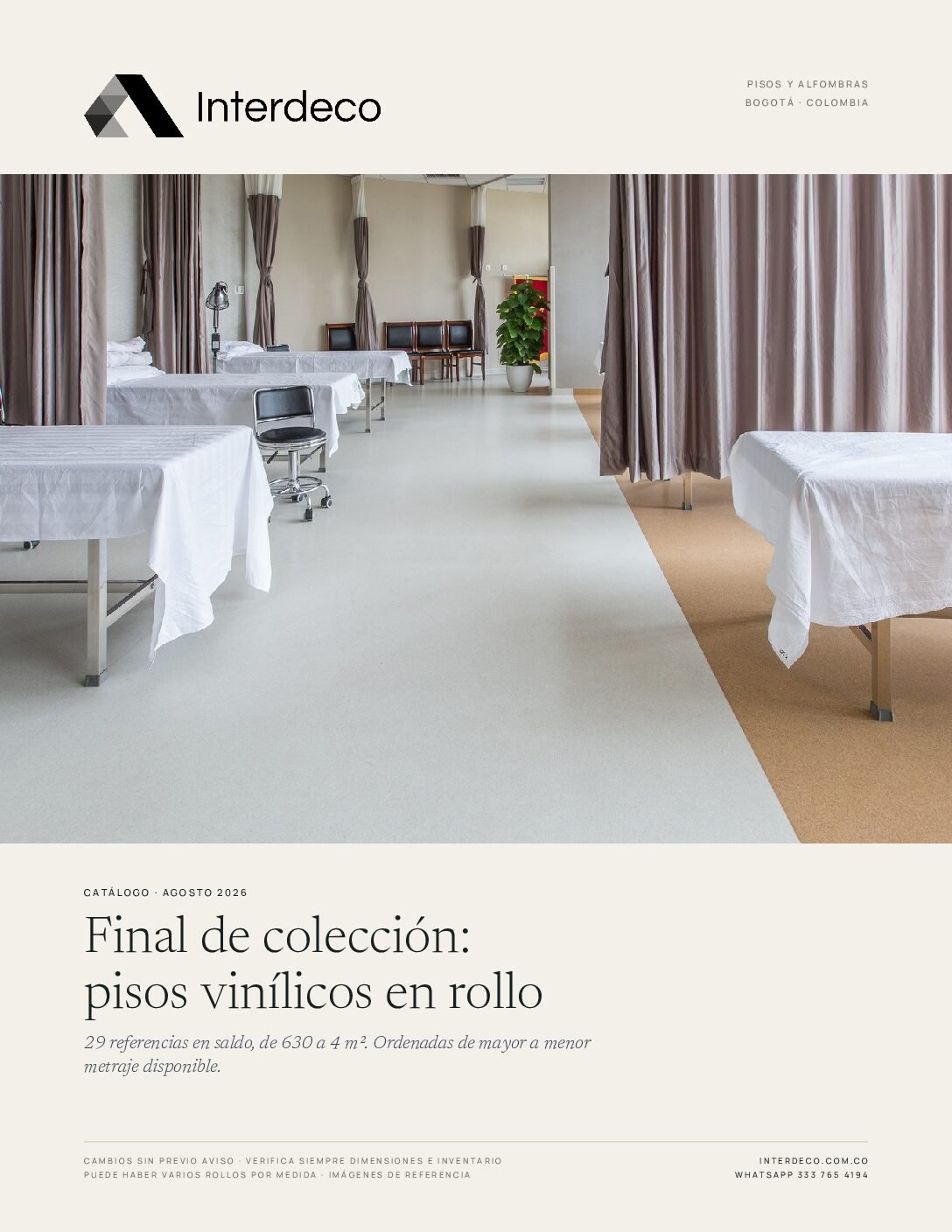 Portada del catálogo de final de colección de pisos vinílicos en rollo de Interdeco, agosto 2026
