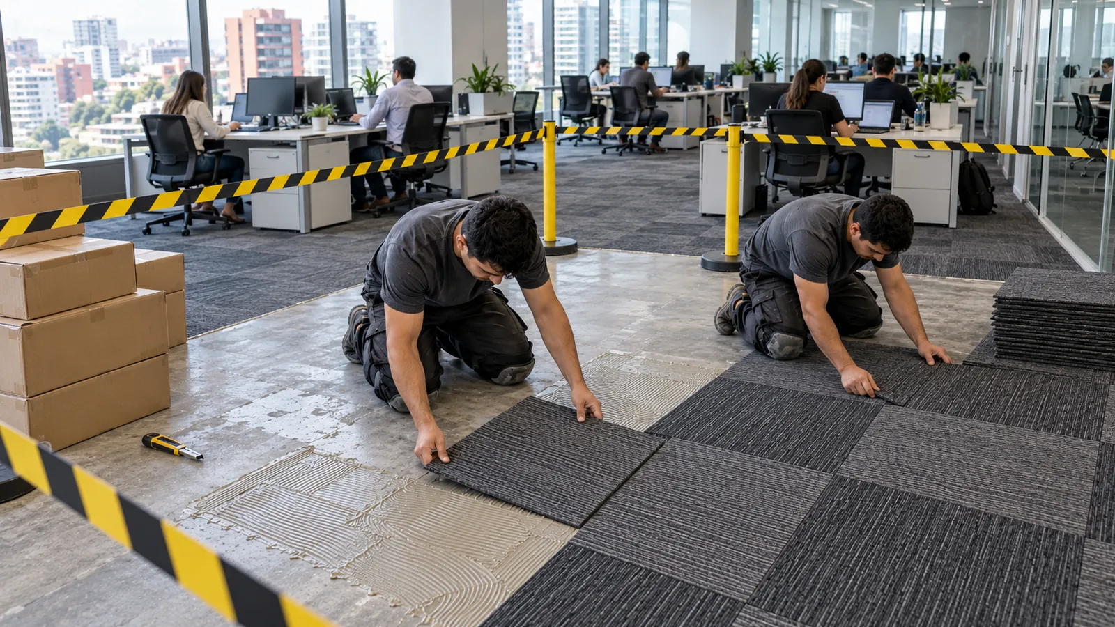 Instalación de alfombra modular por zonas en una oficina que sigue en funcionamiento