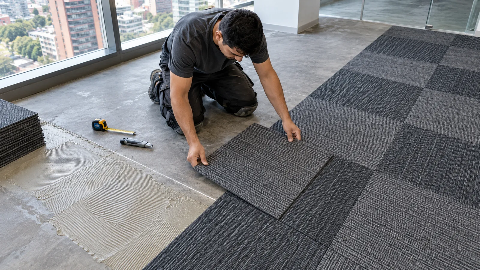Instalador colocando losetas de alfombra modular sobre adhesivo siguiendo la línea de trazado