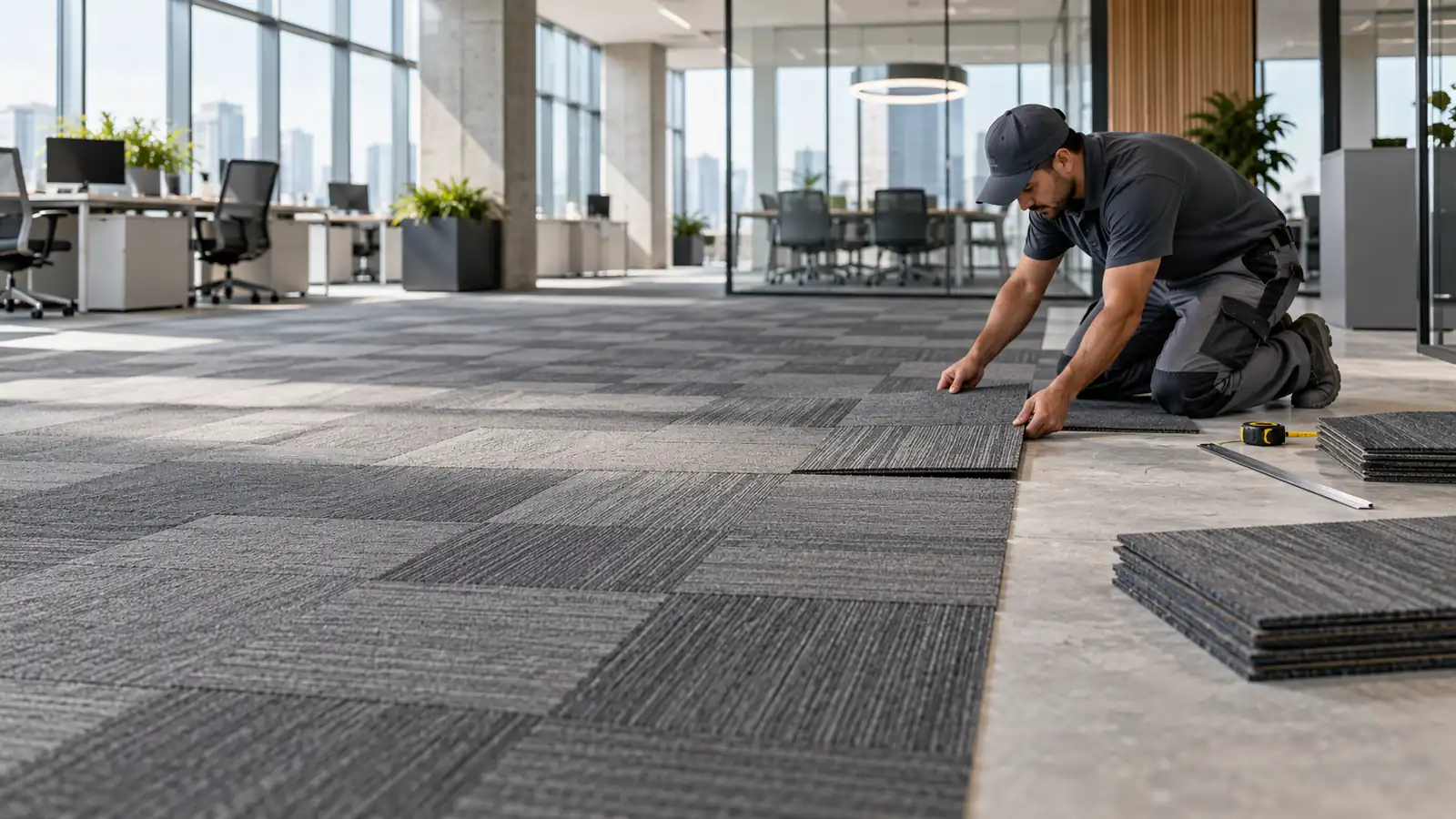 Instalación de losetas de alfombra modular en una oficina