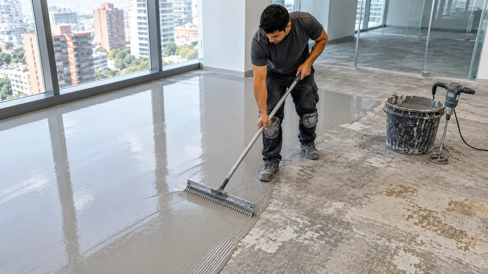 Aplicación de compuesto autonivelante sobre el contrapiso antes de instalar alfombra modular